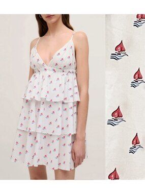 New Hill House Gigi Love Boats Cotton Tiered Mini Dress White M $195